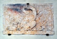 La Fenice, l’uccello mitologico, bassorilievo su pietra da camino sul Palazzo D’Anna Volpi a San Beneto