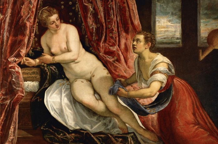 Tintoret-Danaé-Lyon Veronica Franco posed for Danae (the woman on the left) Musée des Beaux-Arts de Lyonm
